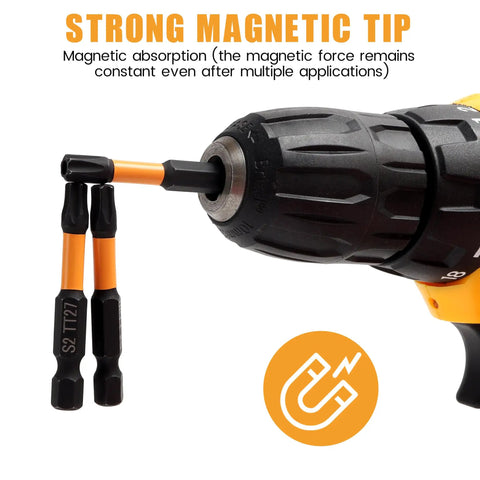 Heavy Duty 2 Inch Security Torx Bits Set, 14 Pieces S2 Steel Screwdriver Kit With Magnetic Holder showing strong magnetic tip for secure fastening.