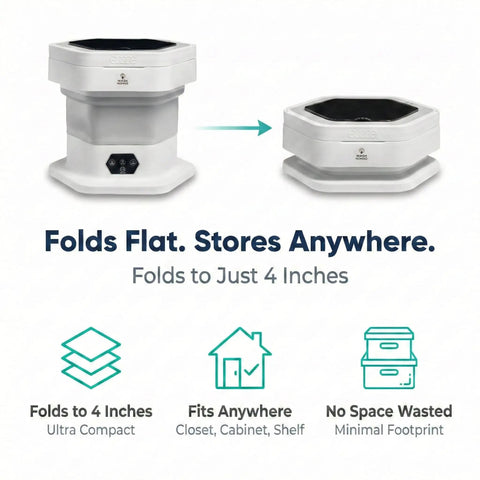 Portable Folding Washing Machine With 12 L Mini Capacity Perfect For College Dorms Or Studio Living Folds Completely Flat To Free Up Floor Space.