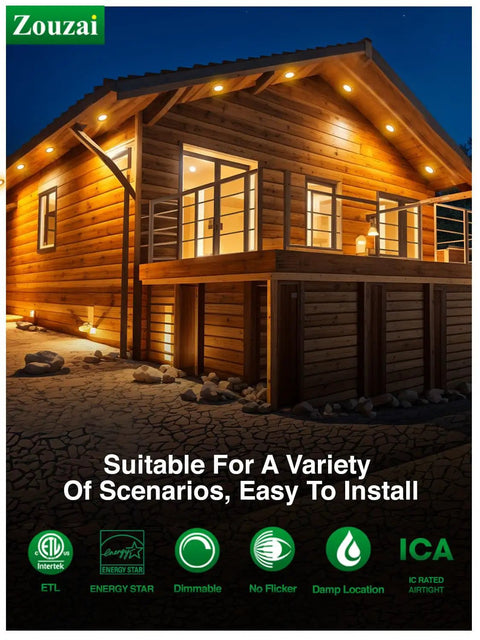 Rustic house exterior with 12 Pack 6 Inch Ultra Thin LED Recessed Ceiling Lights With Junction Box 5CCT Selectable 2700K To 5000K Dimmable 12W