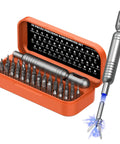 Knockout Precision Screwdriver Set Features Fifty Five Mini Bits Including Phillips Torx And Pentalobe For Phones Laptops Controllers Drones Eyewear And Electronics Plus A Slick Pocket Ready Storage Case You Can Easily Toss In Any Bag, showing 55 bits in orange case.