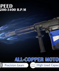Close-up of Electric Needle Gun Scaler for Rust Removal, 110V Industrial Grade Pneumatic Tool with pistol grip and copper motor.