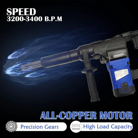 Close-up of Electric Needle Gun Scaler for Rust Removal, 110V Industrial Grade Pneumatic Tool with pistol grip and copper motor.