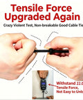 Hands demonstrating tensile strength of non-breakable cable tie, showing 22.05LB test, durable for heavy-duty use.