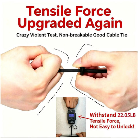 Hands demonstrating tensile strength of non-breakable cable tie, showing 22.05LB test, durable for heavy-duty use.