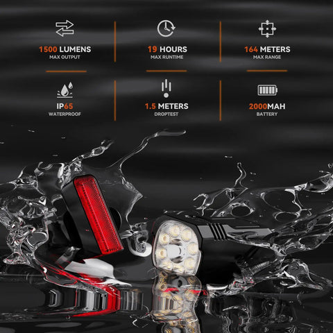 9 LED Bike Front And Rear Light Kit With High And Low Beams, Waterproof Bicycle Lights submerged in water showing durability