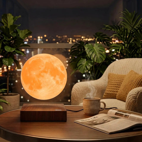 Lit Floating Moon Lamp With Magnetic Levitation And Spinning 5.9 Inch Moon Light 16 RGB Colors Remote Control in cozy room setting