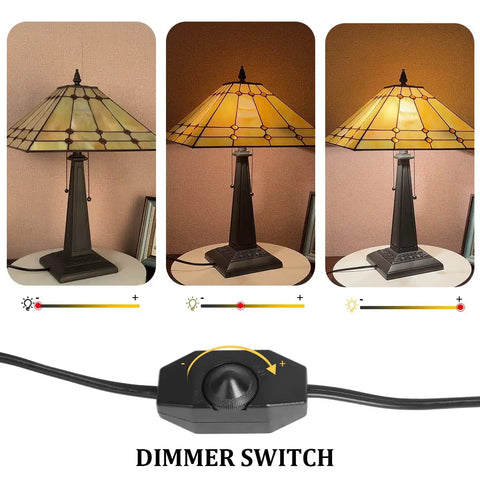 Cream Tiffany Style Stained Glass Table Lamp 24 Inch Tall With 16 Inch Square Shade showing dimmable light settings and dimmer switch.