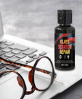 Fast Acting Eyeglass Scratch Remover 50g bottle with glasses on laptop surface
