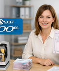 Boss Approved Employee Automatic Time Clock Featuring Dual View Display on an office desk with invoices and a smiling employee.