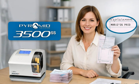 Boss Approved Employee Automatic Time Clock Featuring Dual View Display on an office desk with invoices and a smiling employee.