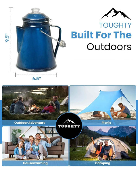 Image of Durable Classic Enamel 12 Cup Coffee Percolator With Two Mugs For Camping And Outdoor Brewing On Stovetop Open Fire Grill Or Gas Stove In Bold Blue For Outdoor Enthusiasts shown with outdoor scenes and dimensions.