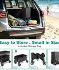 Car trunk with camping gear and folded Beast Mode Folding Wagon Cart With Canopy 445L Total Space And 440Lbs Capacity
