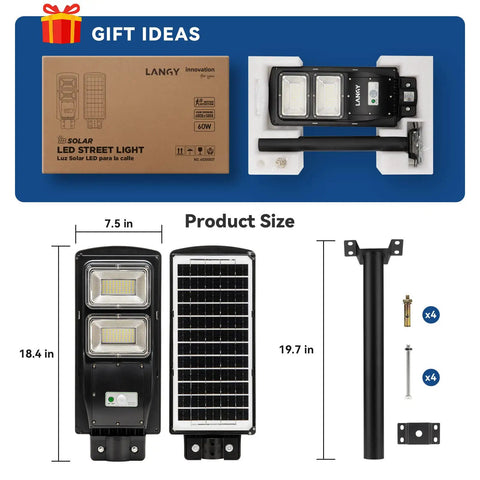 Upgraded Solar Street Light 12000 Lumens Super Bright Outdoor With 10000mAh Battery And 120 LEDs Remote Control Dusk To Dawn Motion Sensor Waterproof Outdoor Lighting For Yard Garden And Pathways displayed with packaging and components