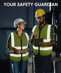Two workers in hard hats wearing High Visibility Reflective Safety Vest Class II Mesh Unisex Fit Breathable Yellow Vest With Zipper Velcro Pockets ANSI Certified