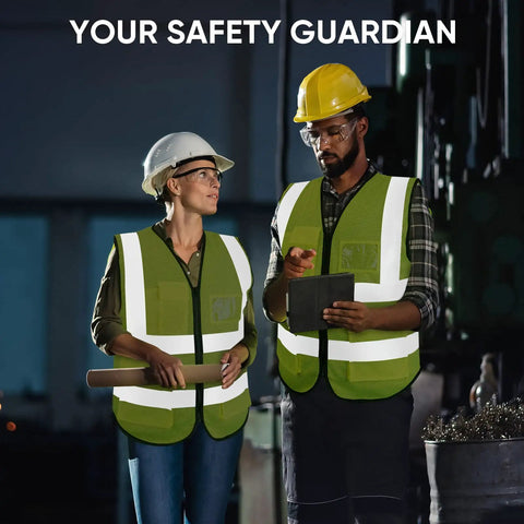 Two workers in hard hats wearing High Visibility Reflective Safety Vest Class II Mesh Unisex Fit Breathable Yellow Vest With Zipper Velcro Pockets ANSI Certified