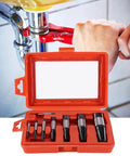 8-Piece Broken Screw Extractor Set For Damaged Screws, Rusted Bolts And Pipe Fittings with durable case shown with pipe