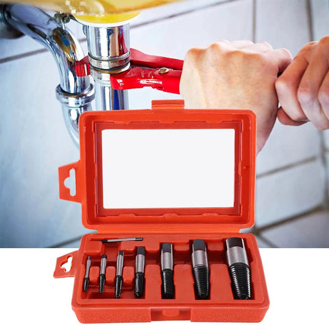 8-Piece Broken Screw Extractor Set For Damaged Screws, Rusted Bolts And Pipe Fittings with durable case shown with pipe