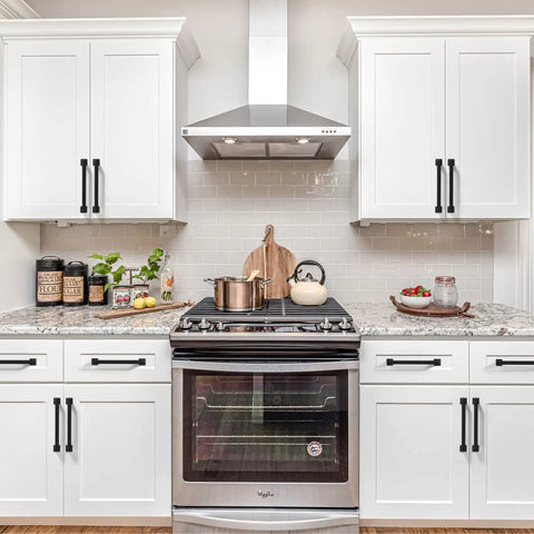 Badass Matte Black Cabinet Handles And Kitchen Drawer Pulls With 5 Inch Center To Center Spacing on white kitchen cabinets.
