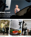 Photographers using 43 Inch 110cm 5 In 1 Collapsible Light Reflector Diffuser with model in studio and outdoor settings