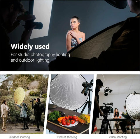 Photographers using 43 Inch 110cm 5 In 1 Collapsible Light Reflector Diffuser with model in studio and outdoor settings
