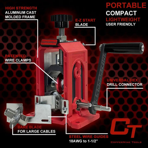 Heavy Duty Manual Copper Wire Stripping Machine For 18 AWG To One And A Half Inch Cable Drill Powered Or Hand Crank Beast Of An Industrial Cable Stripper showing components