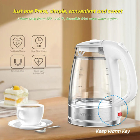 Dual Wall Cool Touch Electric Kettle With Borosilicate Glass Inner, 1.7L, 1500W Fast Boil, Cordless Hot Water Boiler, BPA Free