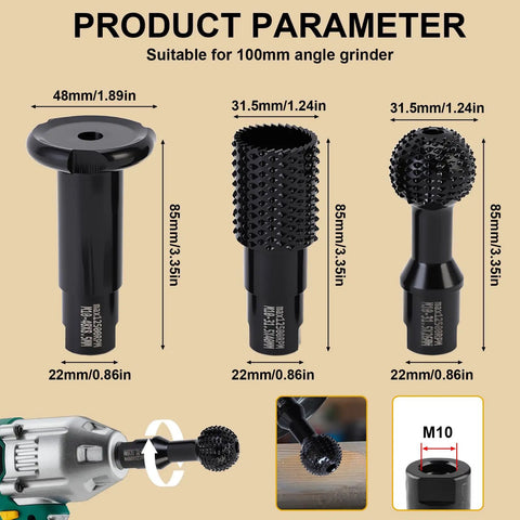 Diagram of 3Pcs Wood Grinder Ball Gouge Heads And Spherical Cylindrical Burr Attachments for angle grinders in black, dimensions shown.