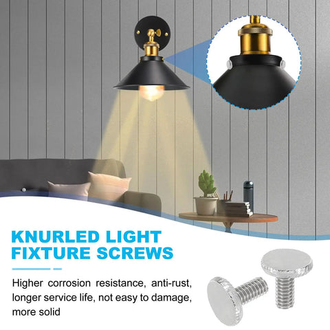 Dang Solid 50 Pack Knurled Thumb Screws With Smooth Nickel Coating And Trusty 832 Threads Perfect For Quick Lighting Fixture Repairs And Heavy Duty Furniture Builds Zero Sweat Installation with lamp and screws displayed.