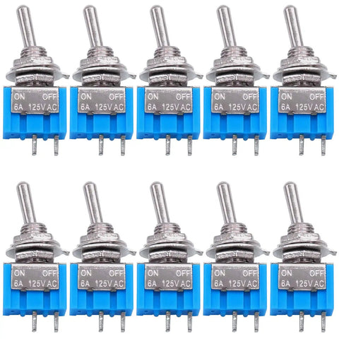 SPST Mini Toggle Switch 2 Pin 2 Position On Off 6A 125V Latching Toggle Switch MTS101 Pack Of 10 in blue silver metal