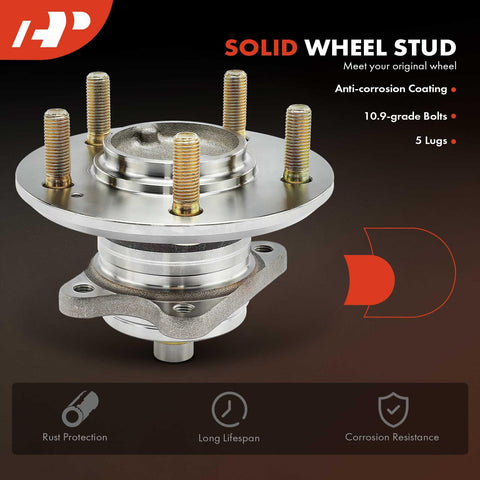 Rear Wheel Bearing Hub Assembly Set 2 Pack For Kia Optima 2006 2007 2008 And Magentis 2006 2007 2008 2009 2010 5 Lug Non ABS Brakes Compatible High Load Replacement showcasing solid wheel stud, anti-corrosion coating, 5 lugs, rust protection and corrosion resistance.