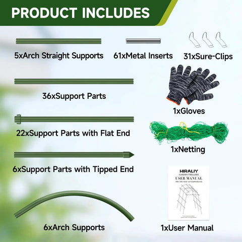 Components of Big Garden Arch Trellis For Climbing Plants with gloves, netting, user manual, supports, clips, and inserts.