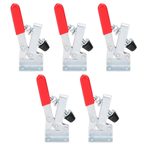 5-piece Heavy Duty Quick Clamp Set for auto manufacturing with red handles and galvanized finish, stable clamping force visible.