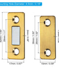 Ultra Thin Cabinet Magnetic Catch 4 Pack Brass Steel Door Magnets for Kitchen and Closet Adhesive Mount Easy Install Slim Magnetic Latch for Secure Quiet Closure, showing product dimensions and design details.