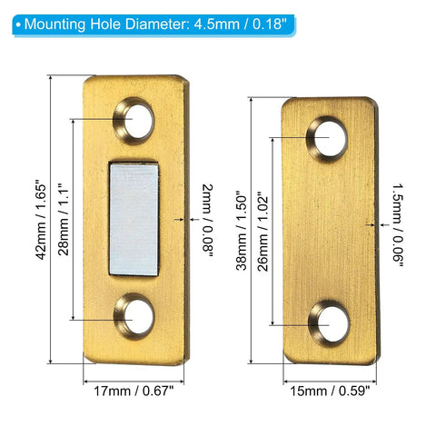 Ultra Thin Cabinet Magnetic Catch 4 Pack Brass Steel Door Magnets for Kitchen and Closet Adhesive Mount Easy Install Slim Magnetic Latch for Secure Quiet Closure, showing product dimensions and design details.