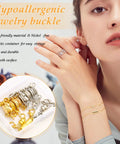 12 Pack Magnetic Necklace Clasps And Closures Set displayed in gold and silver finishes with a woman wearing bracelets.