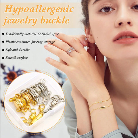 12 Pack Magnetic Necklace Clasps And Closures Set displayed in gold and silver finishes with a woman wearing bracelets.