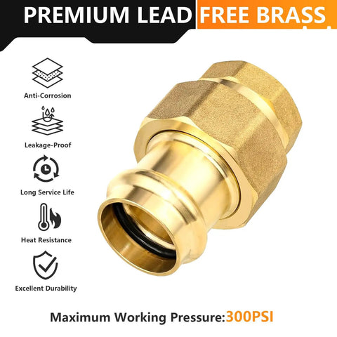 10 Pack Lead Free Brass Union Couplings 2 Inch Copper Press To Female Npt Pipe Connectors close-up view highlighting brass material and design.