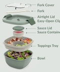 Exploded view of Salad On The Go Meal Prep Kit with 54 oz bowl, four compartment tray, leak-proof lid, dressing container, fork