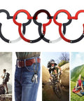 Ultra Lightweight Aluminum Carabiner Clips Set Red And Black For Keychains And Gear, Mickey Mouse design, shown in use.