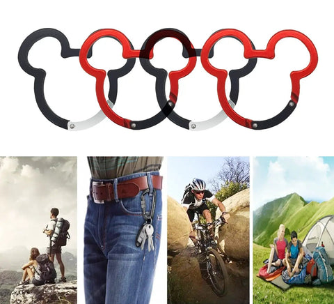 Ultra Lightweight Aluminum Carabiner Clips Set Red And Black For Keychains And Gear, Mickey Mouse design, shown in use.