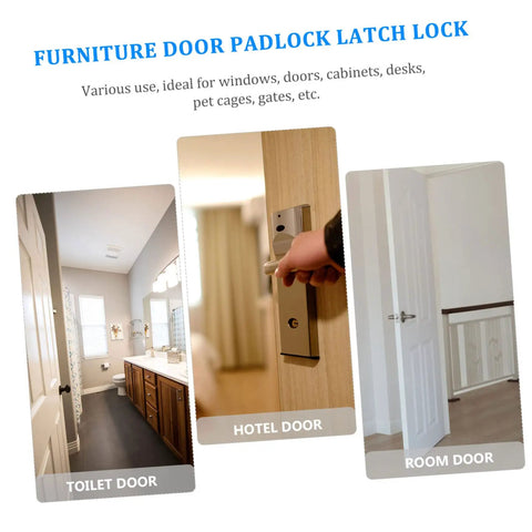 Furniture Door Padlock Latch Lock, suitable for various doors including toilet, hotel, and room doors.