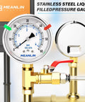Stainless Steel Liquid Filled Pressure Gauge 0 To 60 Psi 1 Quarter NPT 2 Inch Dial Lower Mount With Hex Bushing For Pool Filter Pump Oil Air Compressor Tire Pressure Tester displayed with gold fixtures.