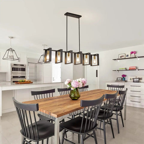 Six Light Modern Farmhouse Kitchen Island Pendant Light With Black Metal Frames And Wood Accents Big 50 Inch Chandelier above dining table