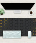 Big Ol Extended Desk Mat And Gaming Mouse Pad Large 35.4 By 15.7 Inch Surface Non Slip Base With Stitched Edge Honeycomb Black Gold Design Ideal For Home Office Setup on a modern desk with keyboard and mouse
