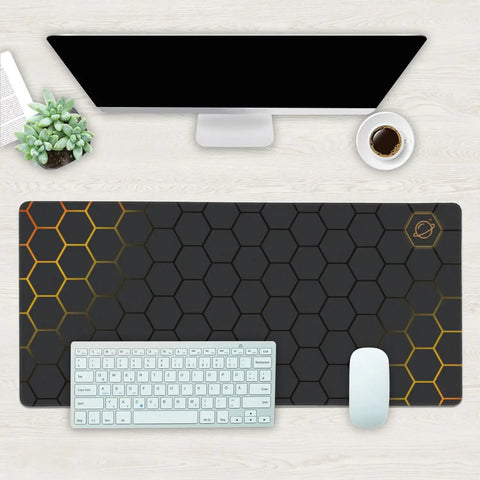 Big Ol Extended Desk Mat And Gaming Mouse Pad Large 35.4 By 15.7 Inch Surface Non Slip Base With Stitched Edge Honeycomb Black Gold Design Ideal For Home Office Setup on a modern desk with keyboard and mouse