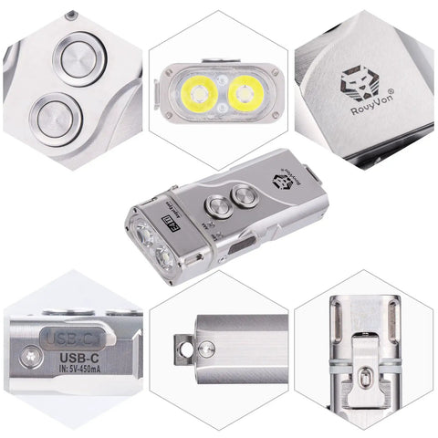 E4 Titanium Pocket Flashlight 700 Lumen USB C Rechargeable Dual Power Keychain Light With Lockout Mode, detailed views of buttons and ports