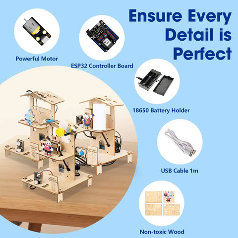 Awesome 3 In 1 Smart Home STEM Kit For Kids 8 To 12 With ESP32 Controller Wooden 3D Puzzles And DIY Building Crafts Educational Coding Toys Gift For Christmas And Birthday Boys And Girls, wood parts, motor, battery holder