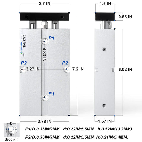 Dimensions diagram of Dual Rod Double Acting Pneumatic Air Cylinder with 32mm bore, 75mm stroke, beefy aluminum alloy body, and NPT port.