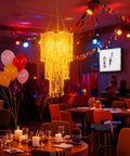 Dope Modern Chrome Beaded Hanging Chandelier With Three Tiers Of Crystal Beads And Acrylic Jewel Droplets compact in lit dining room