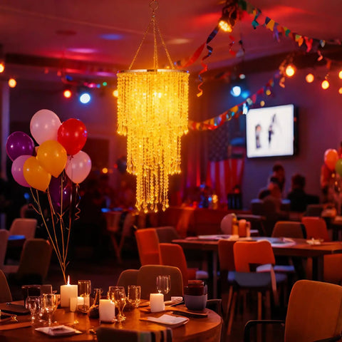 Dope Modern Chrome Beaded Hanging Chandelier With Three Tiers Of Crystal Beads And Acrylic Jewel Droplets compact in lit dining room